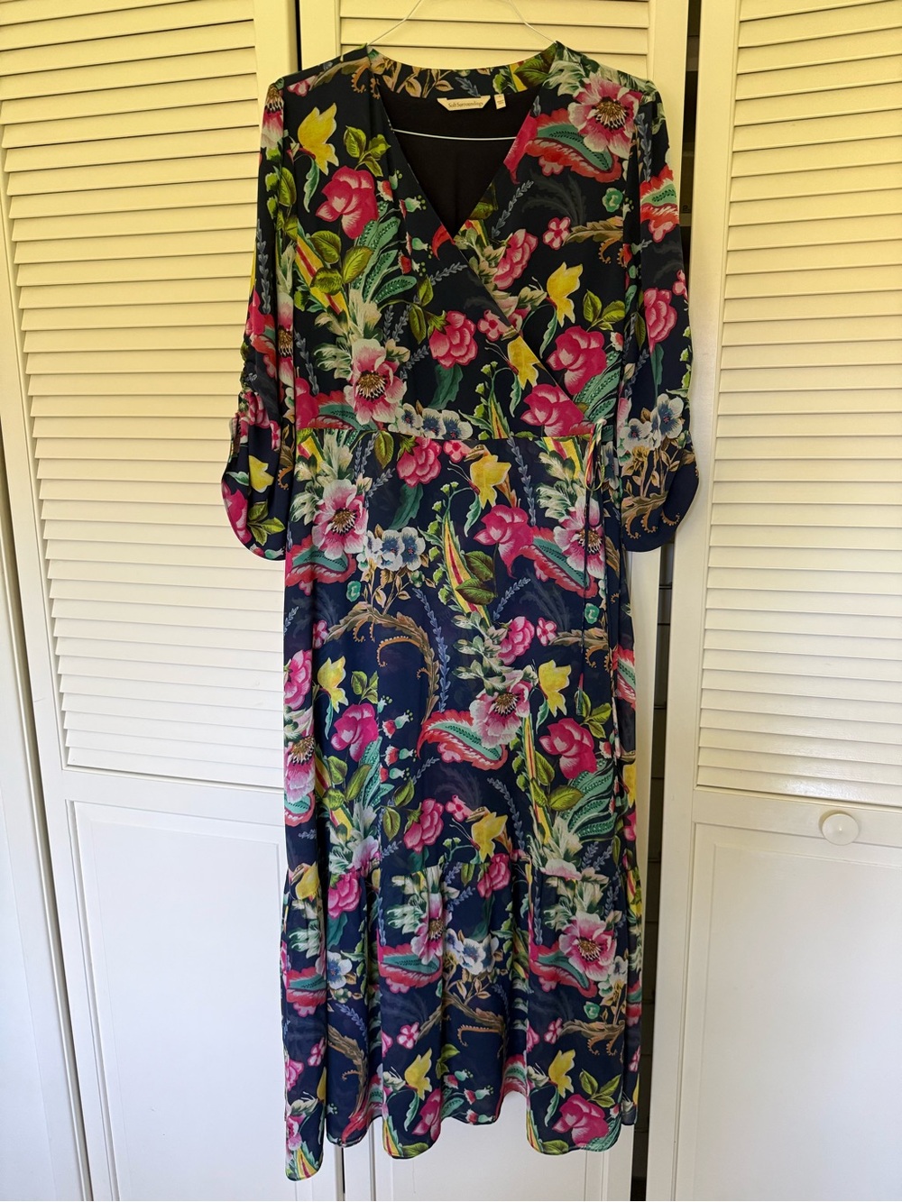 Soft Surroundings Navy Maxi Dress with Pink & Green Floral Print